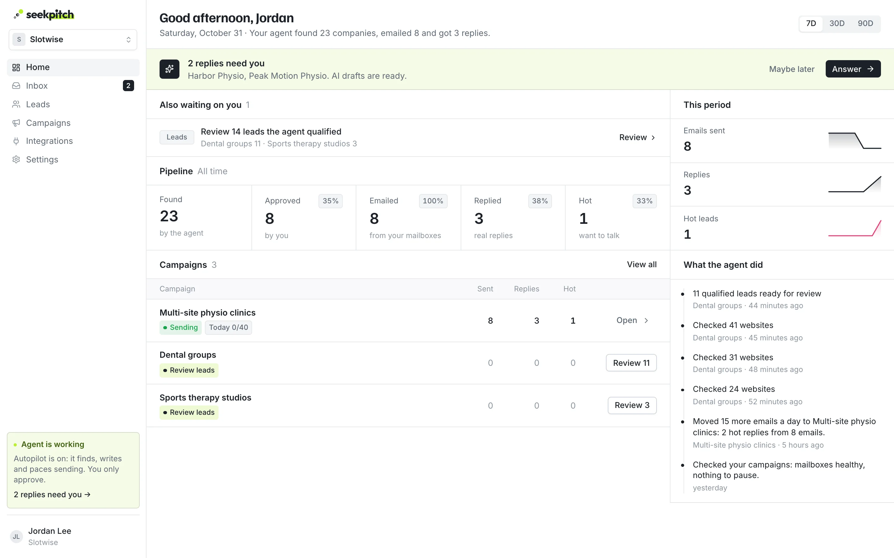 Seekpitch home: replies waiting with drafts ready, leads to review, campaigns and what the agent did